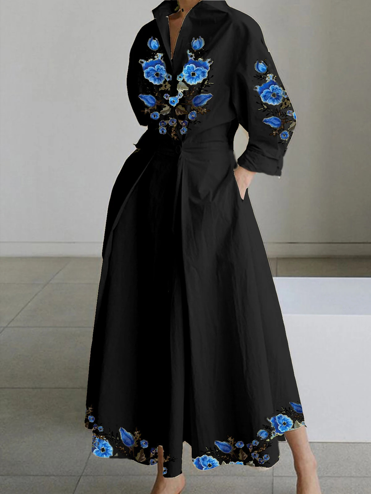 Plus Size Dress for Women Lapel Neck A-Line Pleated Floral Print Collared One Button Shirt Dress Casual Elegant 34 Sleeve Dress 240420