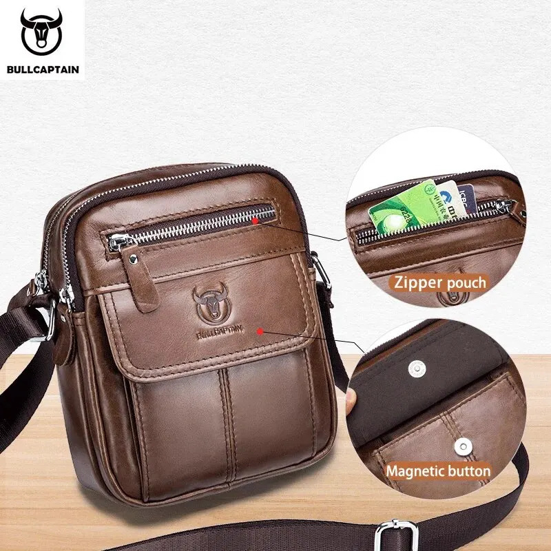 BULLCAPTAIN Mens Leather Messenger Bag Retro Shoulder Bags Small Crossbody Purses Casual Sling Pack for Travel Handbag 240415