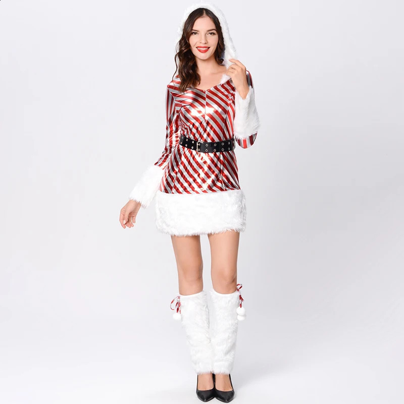 Women Christmas Costume Christmas Hooded Dress Striped Mrs Claus Cosplay Costume Xmas Holidays Party Fancy Dress 241121