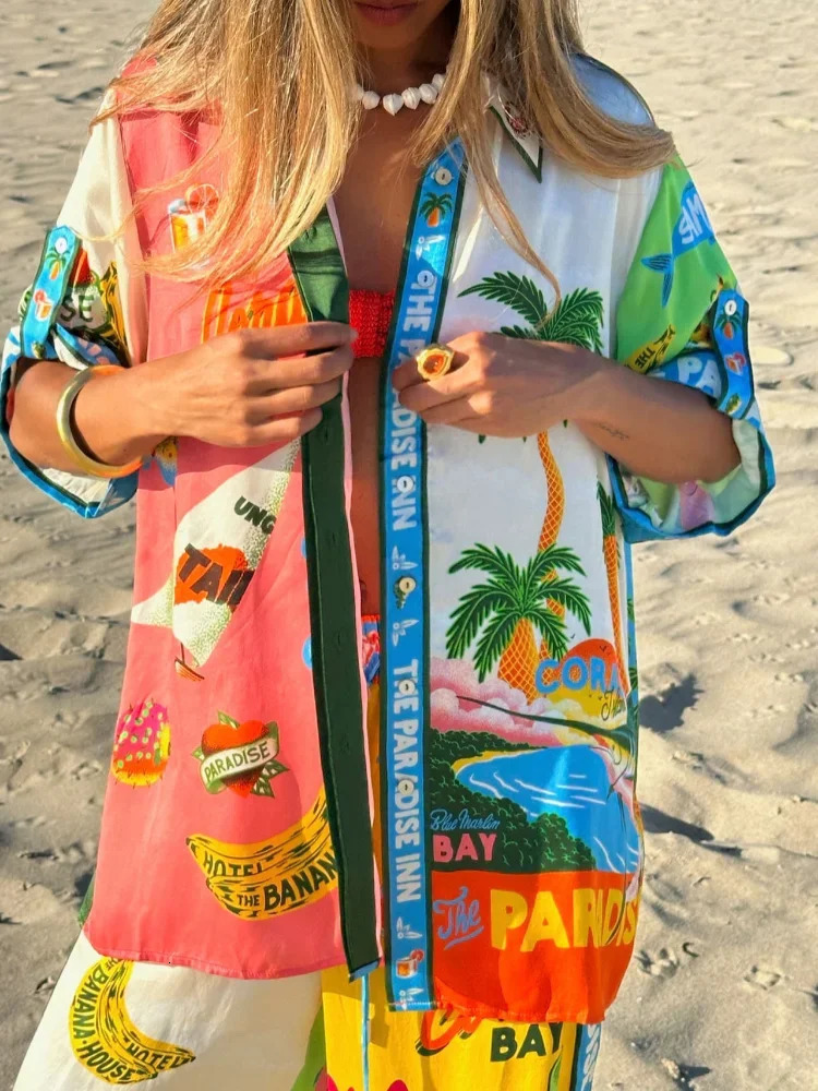 Holiday Print Shirt Womens Suit Fashion Loose Single Breasted Top Female Sets Summer High Waist Wide Leg Pants Set 240415