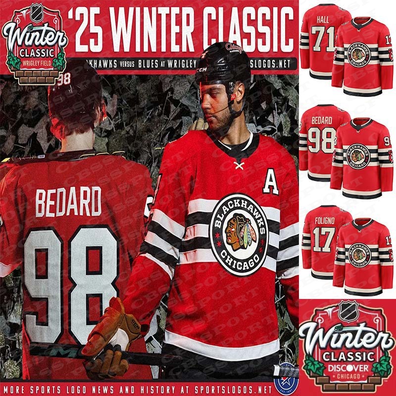 Blackhawks 2024-25 Winter Classic Hockey Jersey 98 Bedard 86 Teravainen 90 Ludwinski 15 Smith 17 Foligno 59 Bertuzzi 71 Hall 36 Rolston Anderson Brodie Murphy