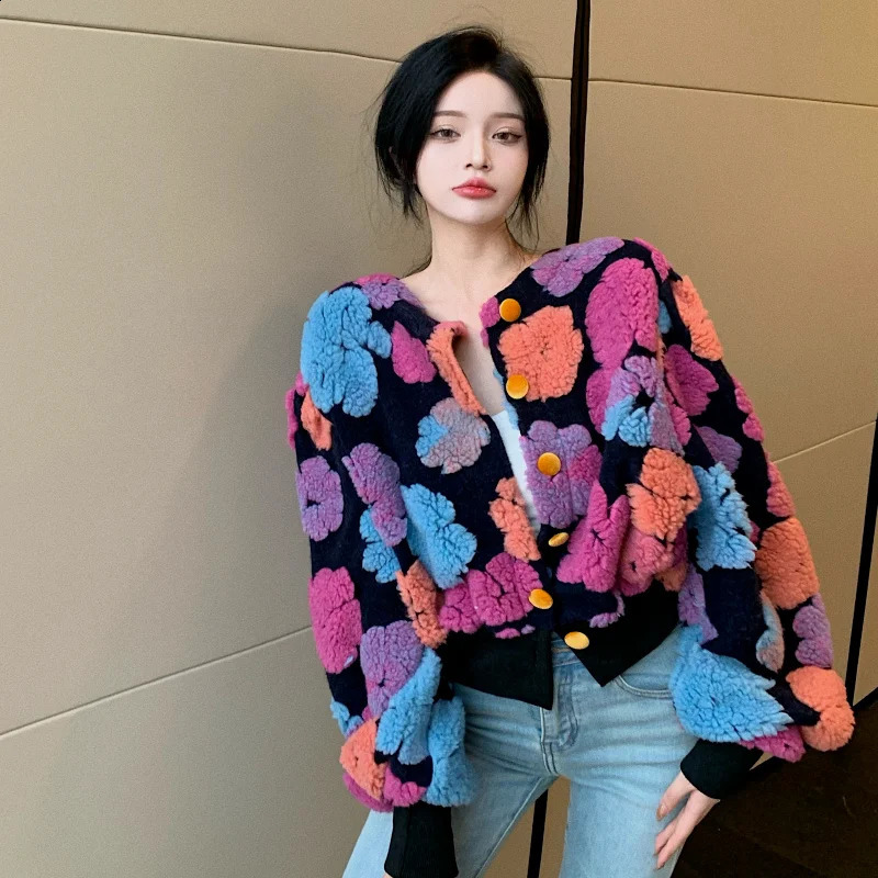 Winter Retro Plush Wool Flowers Embroidery Cardigan Ins Coat Long Sleeved Crop Y2K Streetwear Fur Womens 3D Flower Bomber Jacket 241121