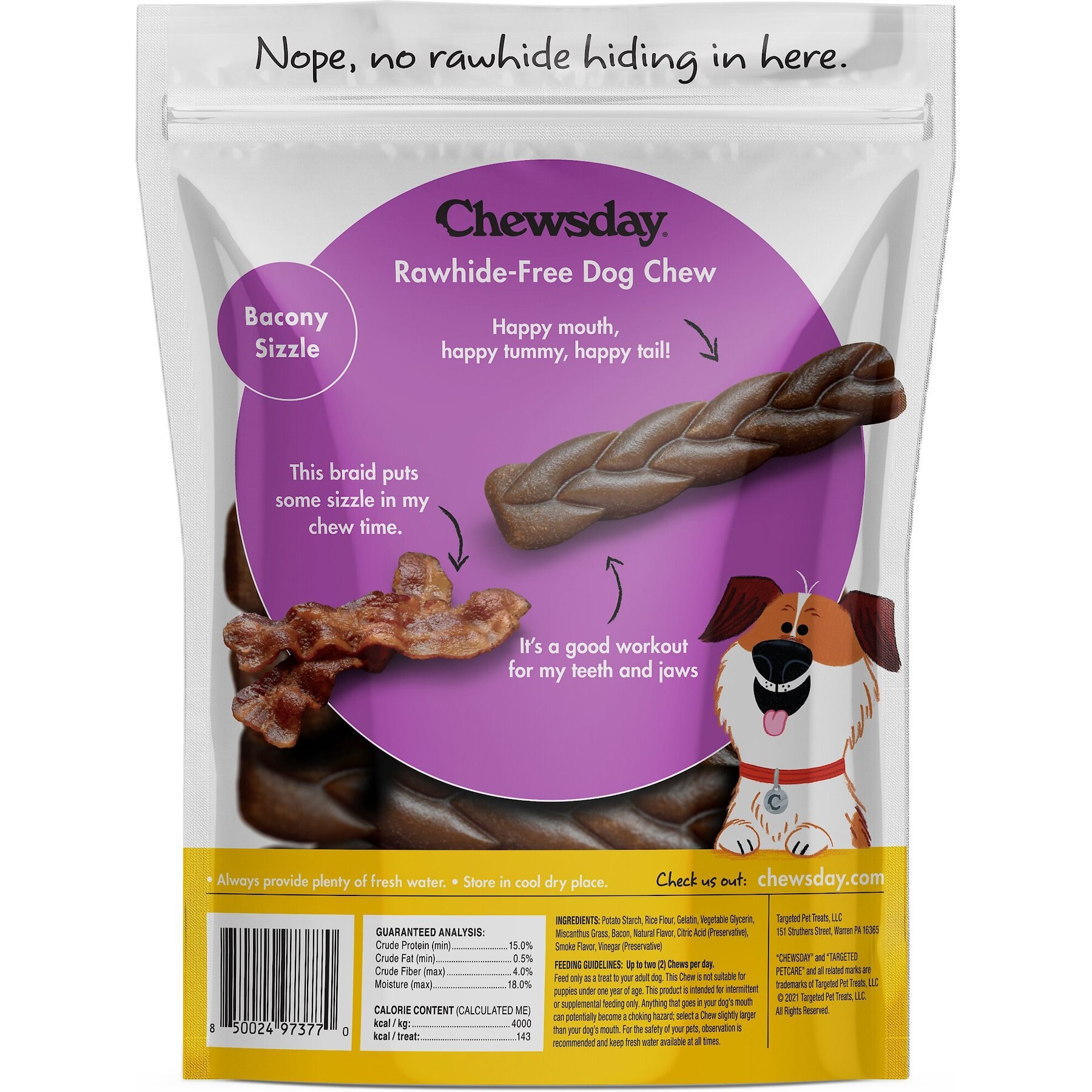 Chewsday Bacony Sizzle Chew Braids Rawhide-Free Dog Hard Chews, 7 count, Small