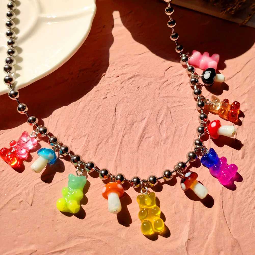 Pendant Necklaces Stainless steel Ball Link Chain Necklace for Women Cute Gummy Bear Mushroom Pendant Silver Color Necklaces Punk Handmade Jewelry Y24