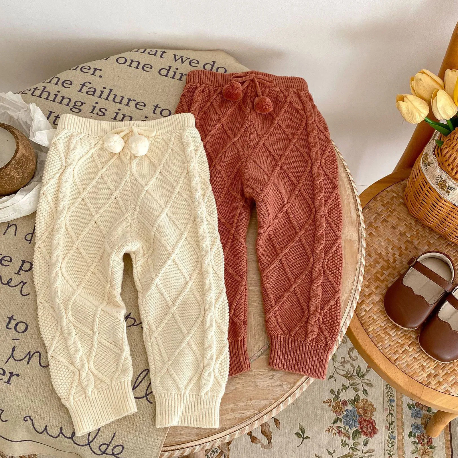 0-3T born Baby Boys and Girls Winter Clothing Knitted Warm Baby Pants Thick Sweater Trouser Casual Stretch Set 241121