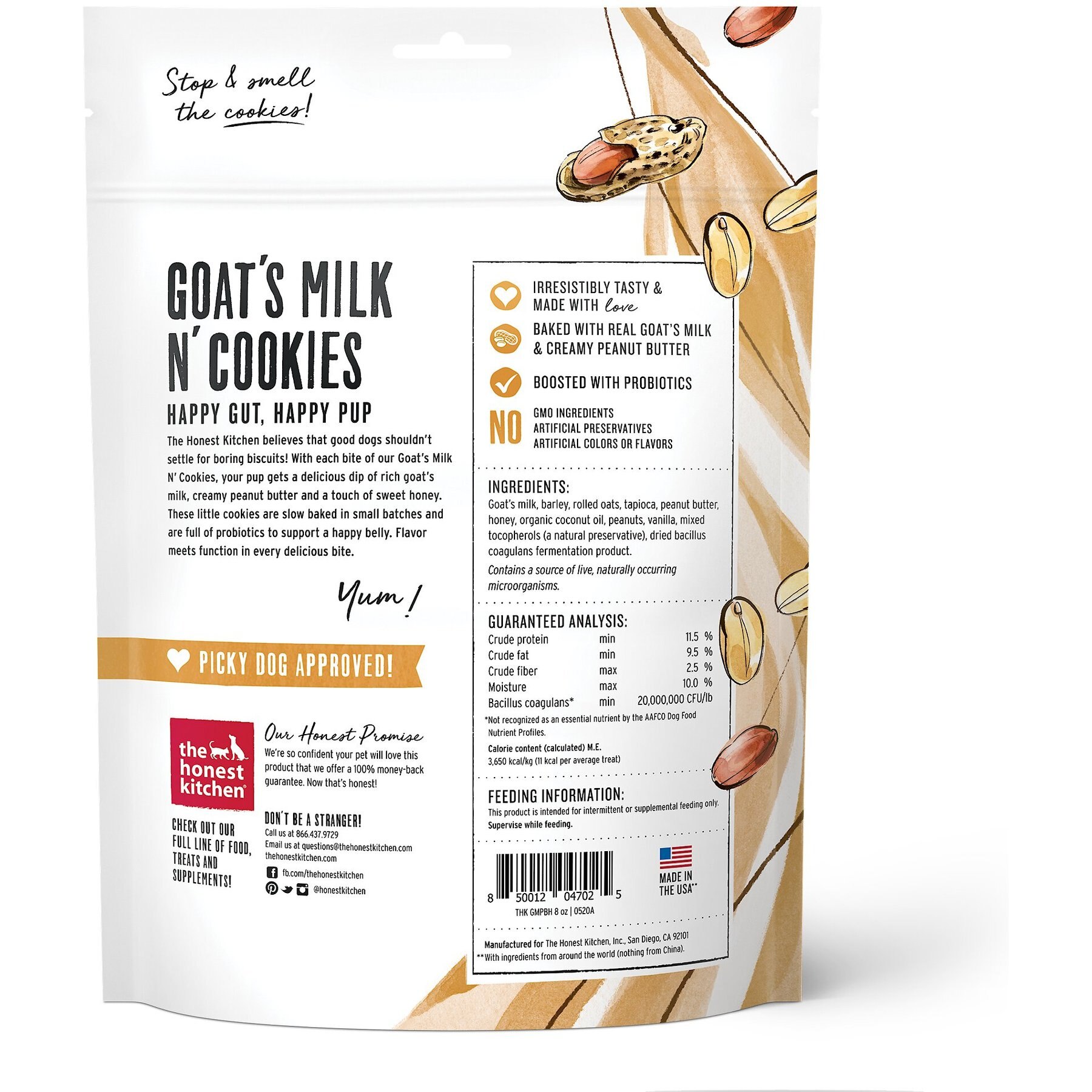 The Honest Kitchen Goat's Milk N' Cookies Slow Baked with Peanut Butter & Honey Dog Treats, 8-oz bag