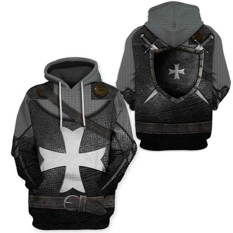 Medieval Templar graphic hoodie mens funny role-playing costume street clothing 3D printed uniform hoodie fashion hoodie Pulleys X241120