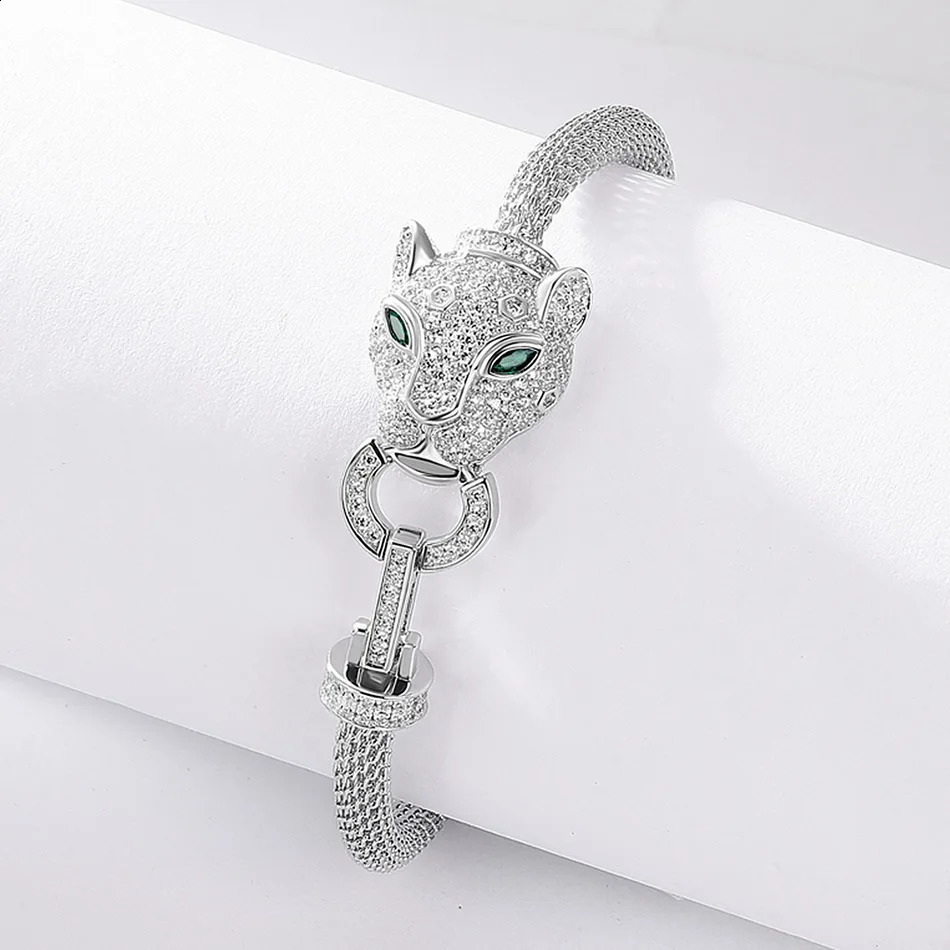 ALLNOEL 100% 925 Womens Hollow Leopard Head Silver Bracelet Black Leopard Green Eyes Gift Hip Hop Animal Jewelry Wholesale 241120