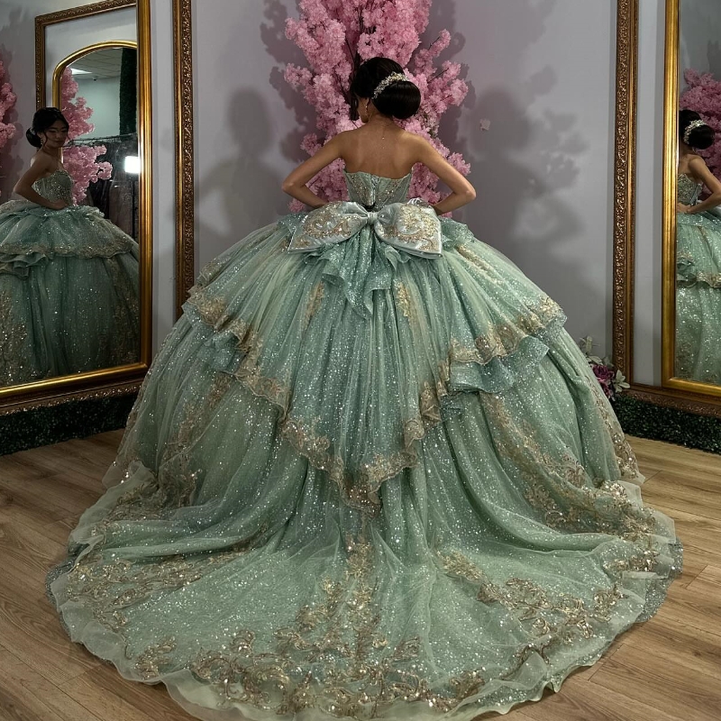 Sage Green Shiny Quinceanera Dresses Crystals Beading Gold Applique Lace Bow Tull Vestidos De 15 Anos Birthday Party Corset Sweet 16 Dress