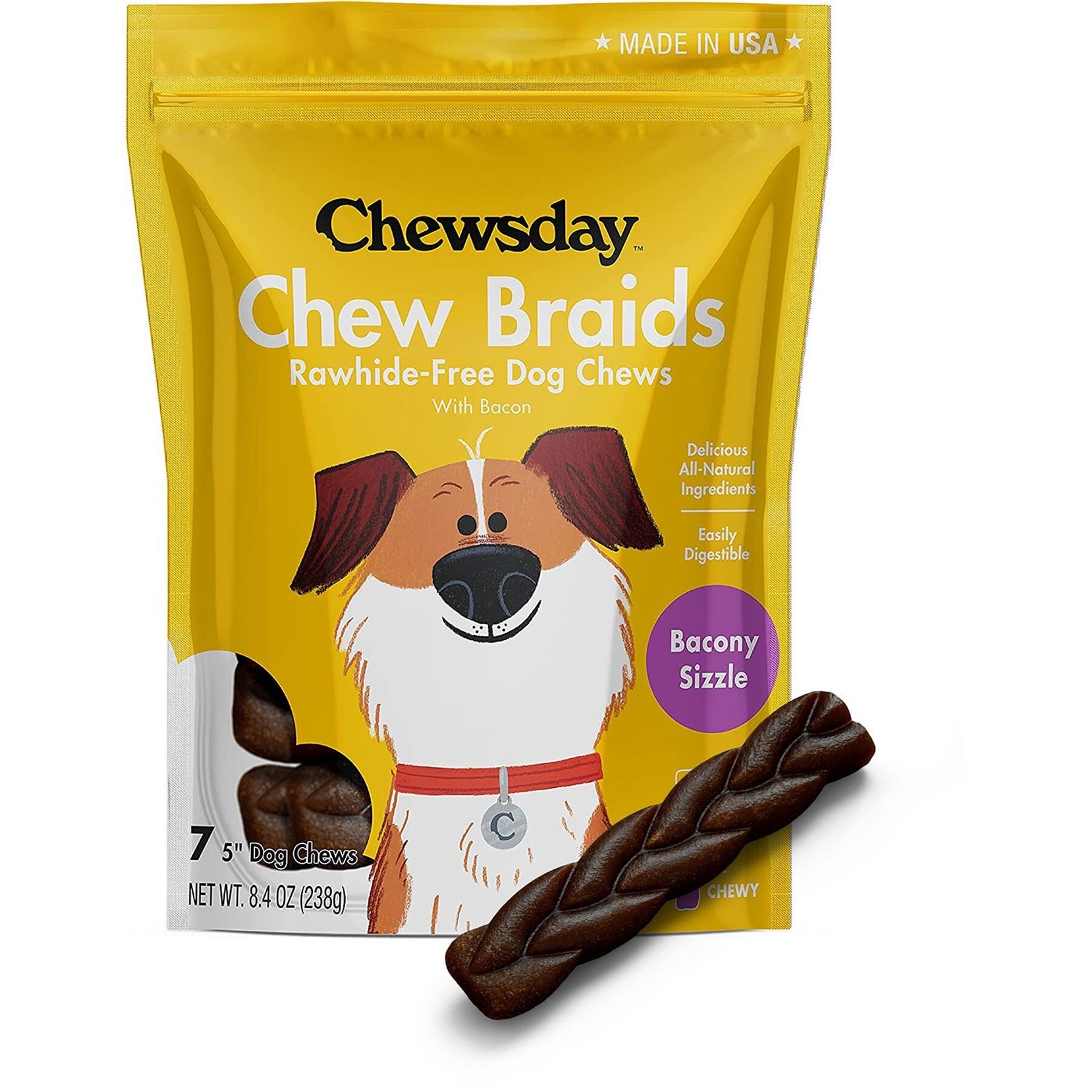 Chewsday Bacony Sizzle Chew Braids Rawhide-Free Dog Hard Chews, 7 count, Small