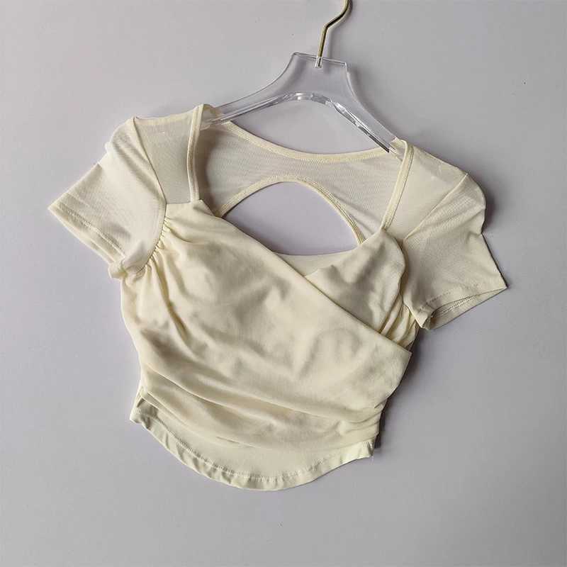 Advanced French mesh yoga set womens top Pilates short sleeved sportswear fitness T-shirt with chest cushionXJ250410
