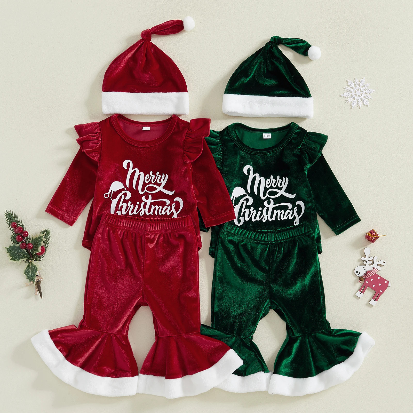Citgeett winter baby Christmas clothing letter printing long sleeved jumpsuit flash pants hat autumn Christmas clothing set 241121