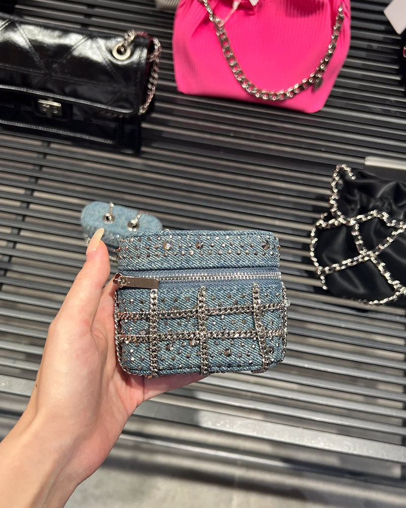 2025S Designer New for Trendy Women Fashionable Denim Hot Diamond Mini Pendant Single Shoulder Crossbody Lipstick Small Square Bag