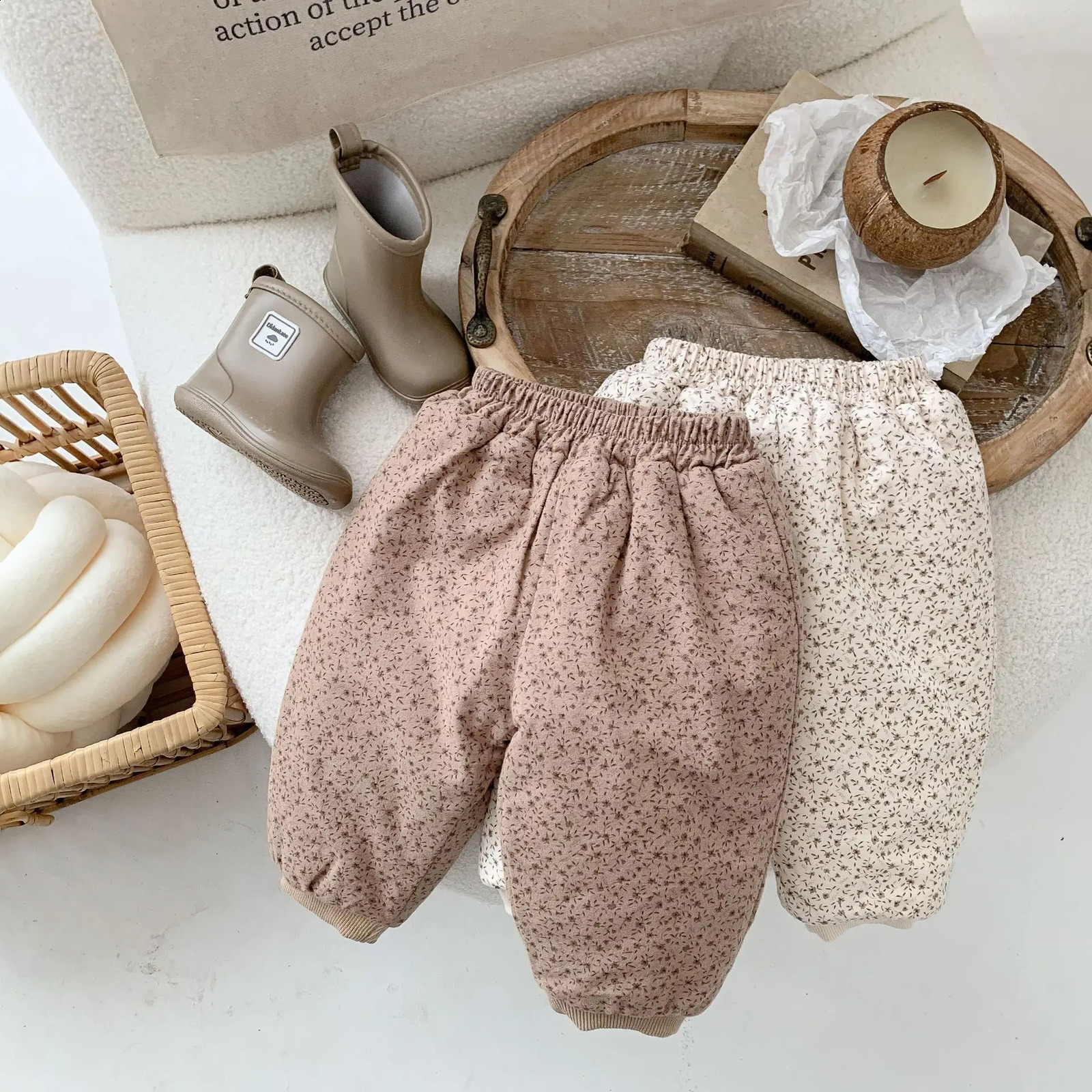 Winter Korean Baby Girl Pants Cotton Loose Thick Warm Paradigm Baby Girl Trouthers Preschool Girl Set 241121