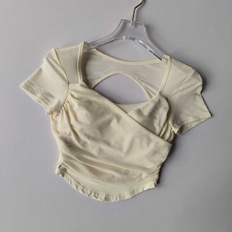 Advanced French mesh yoga set womens top Pilates short sleeved sportswear fitness T-shirt with chest cushionXJ250410