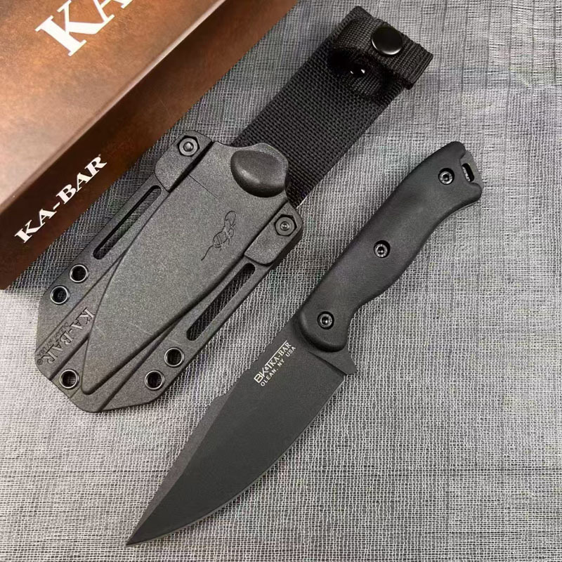 Ka-bar BK18 Survival Straight Knife 1095 Cro-Van Titanium Coating Drop Point knife Blade Full Tang GFN Handle Outdoor Camping Tactical Knives with Kyd