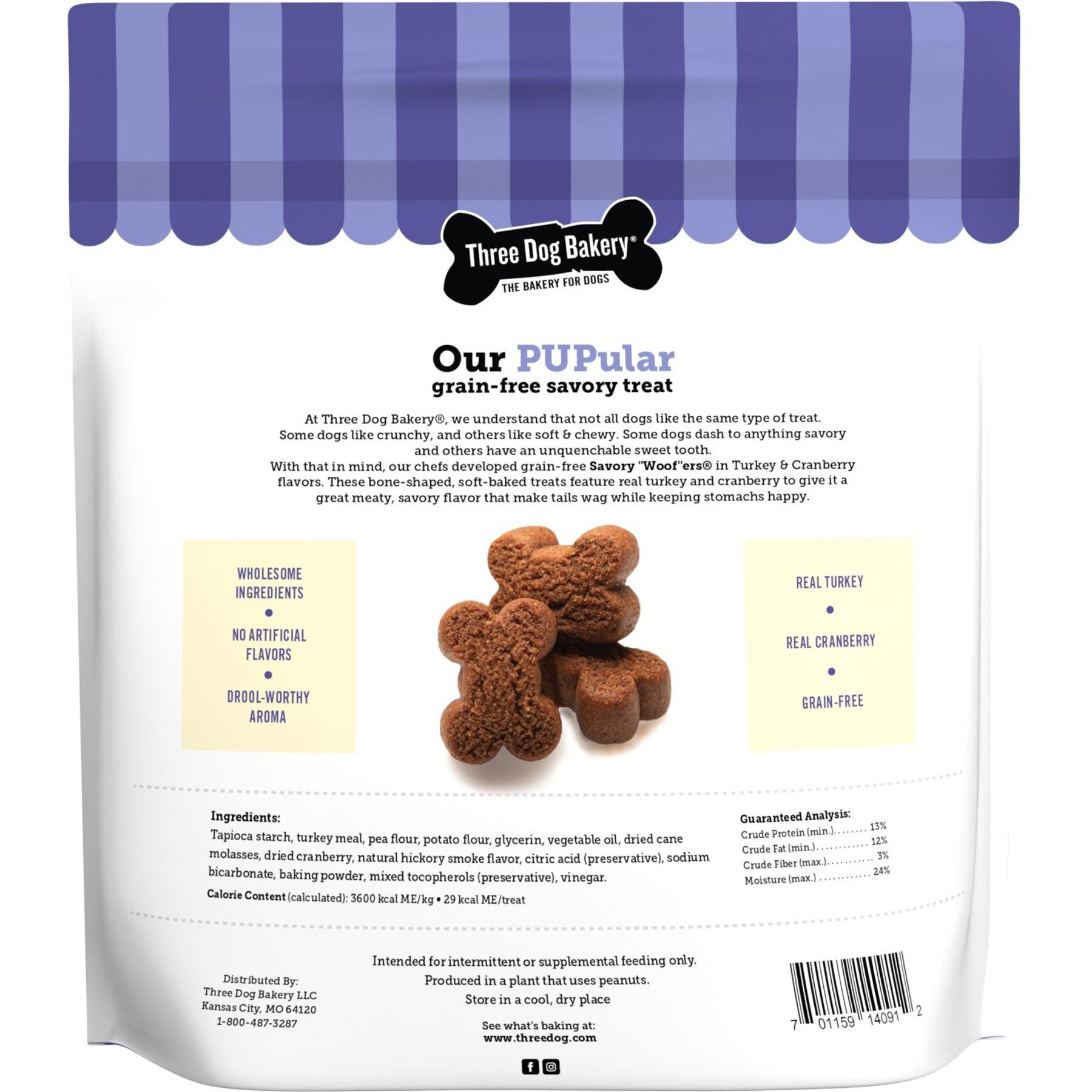 Three Dog Bakery Savory Woofers Turkey & Cranberry Flavors Grain-Free Dog Treats