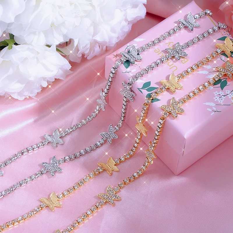 Pendant Necklaces Trendy Cute Iced Out Butterfly Choker Necklaces For Women Men Gold Silver Color Tennis Chain Animals Pendant Rhinestone Jewelry Y240