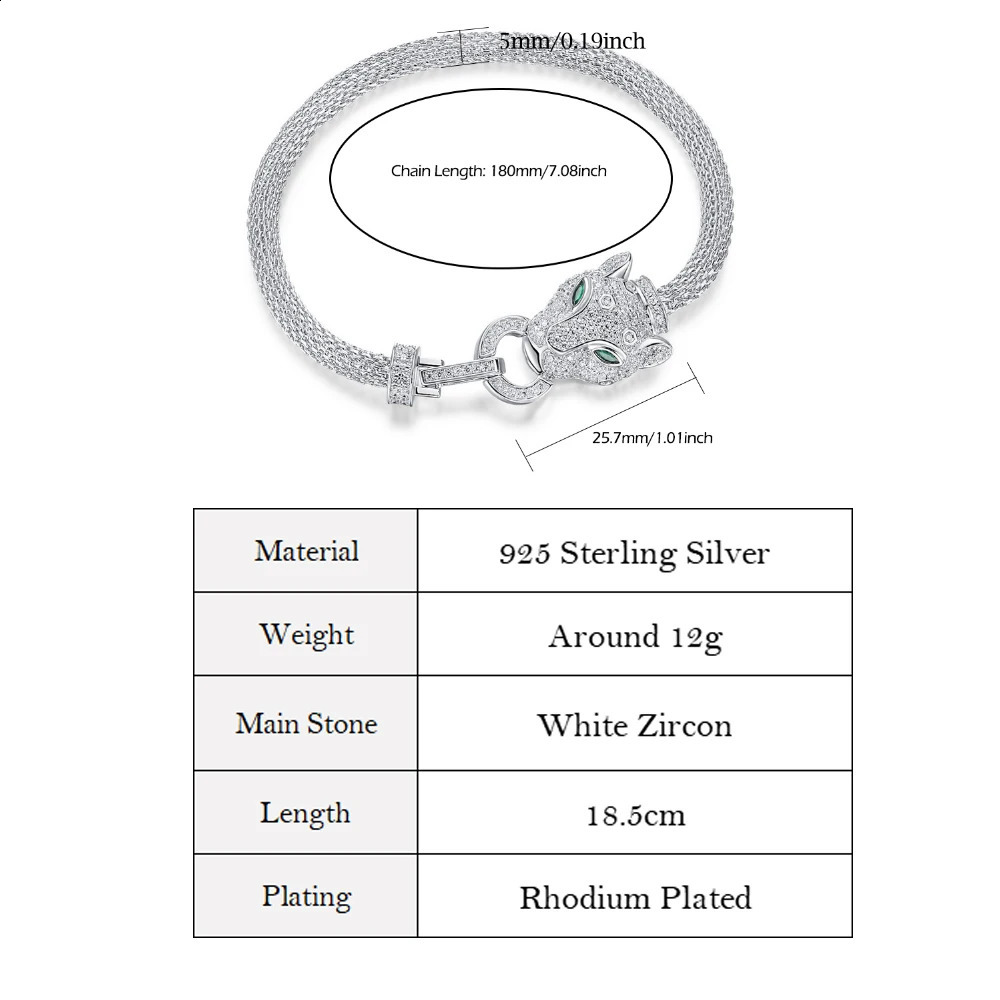 ALLNOEL 100% 925 Womens Hollow Leopard Head Silver Bracelet Black Leopard Green Eyes Gift Hip Hop Animal Jewelry Wholesale 241120