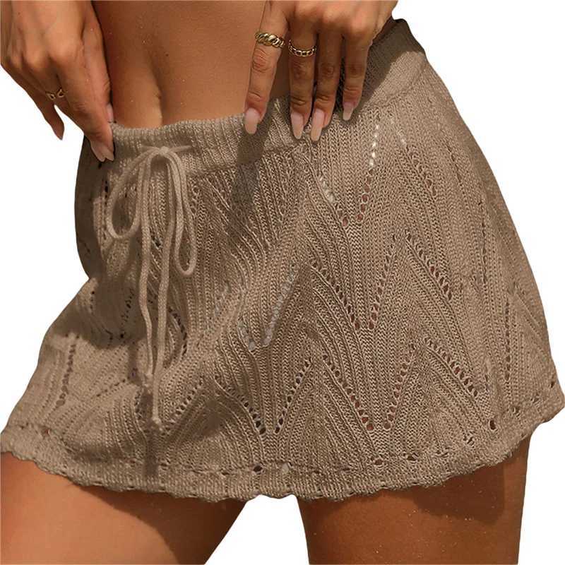 Skirts Xingqing Beach Skirt Cover Up 2024 Summer Women Solid Color Drawstring High Waist Knitted Mini Skirt Casual Swimming Come Y240420