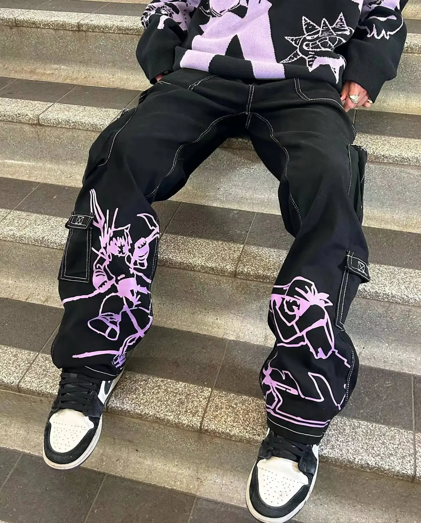 Y2K Sweater Jeans Two Piece Sets Men Women Oversize Anime Graphic Knitwear Embroidery Pullover Haruku Punk Streetwear Trousers 240415