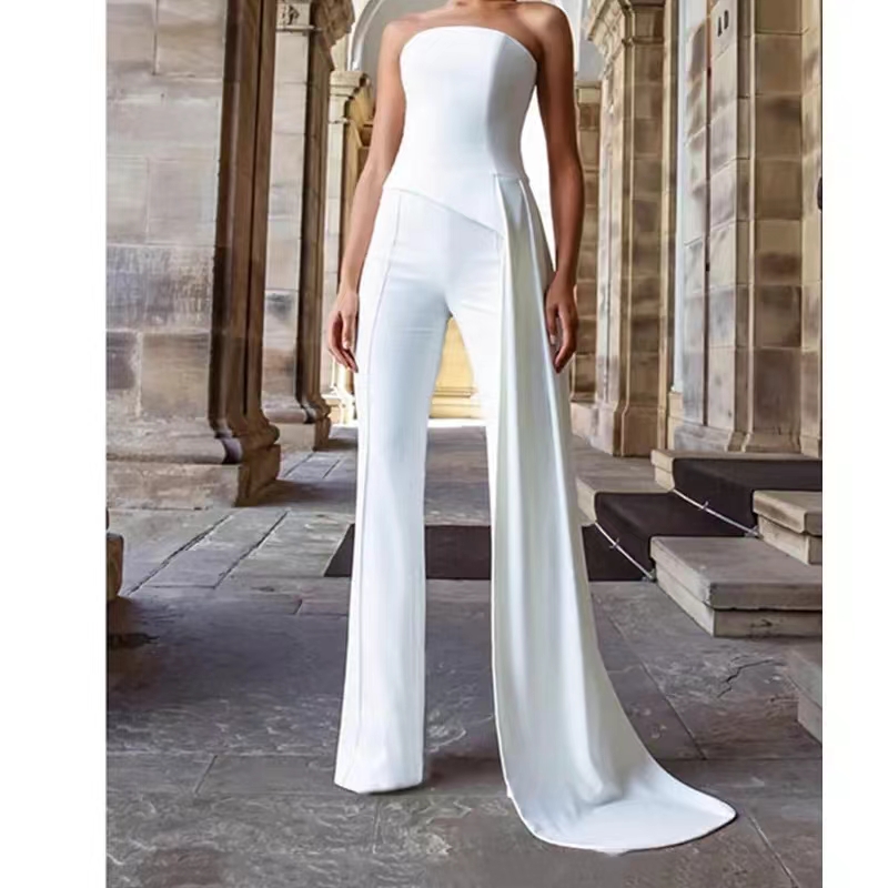 Elegant Long Ivory Crepe Jumpsuit Evening Dresses With Pockets Sheath Strapless Zipper Back Prom Dresses Floor Length Robe De Soiree Formal Party Gown