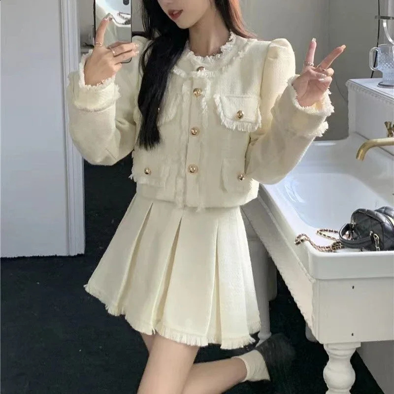 Vintage Cropped Blazers Mini Skirts 2pcs Set Koean Women Long Sleeved Jackets Tops with High Waist Pleated A-line Skirt Suits 241121