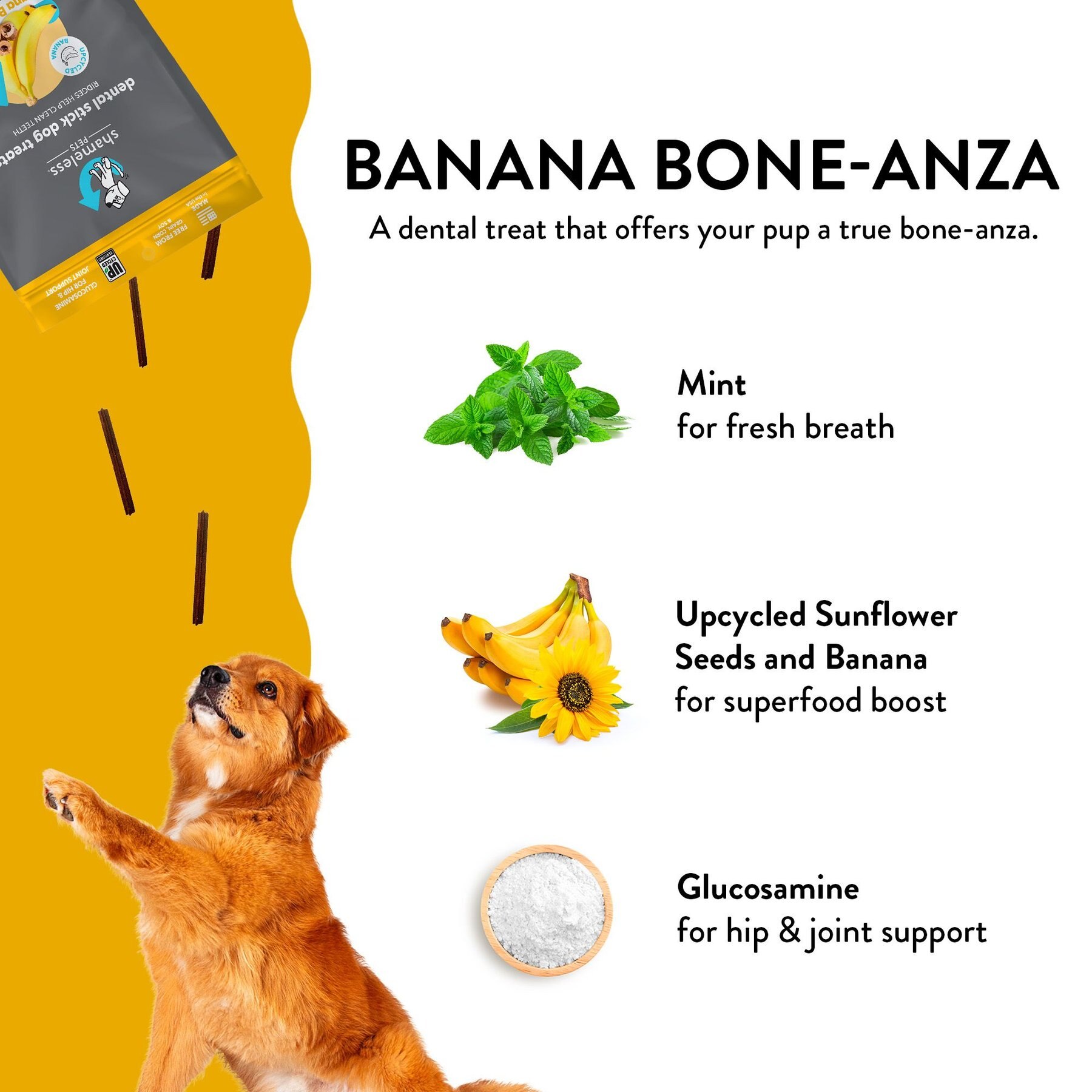 Shameless Pets Banana Bone-Anza Banana & Bone Broth Flavor Dental Dog Treats