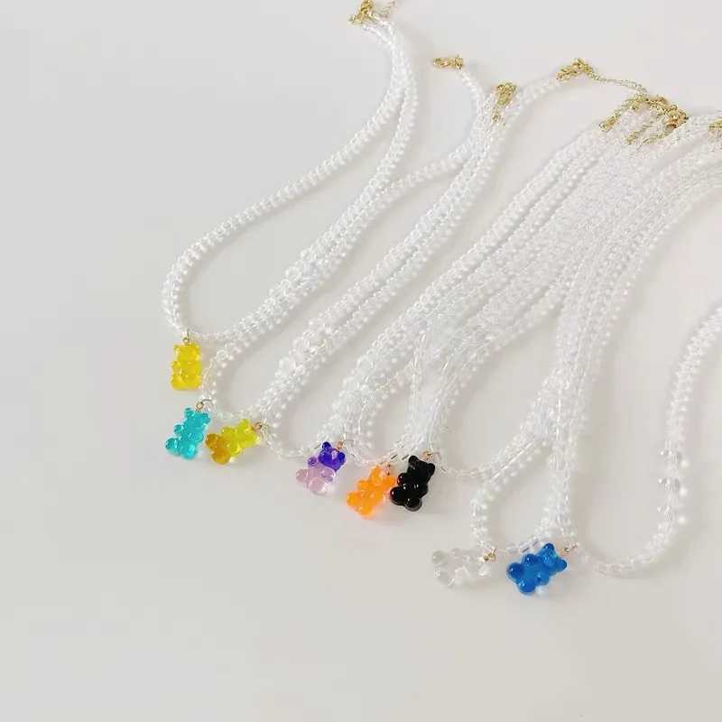Pendant Necklaces 2021 New Shiny Gradient Gummy Bear Glass Beaded Necklace For Women Girl Silver Color CZ Bears Pendant String Beads Jewelry Gifts Y24