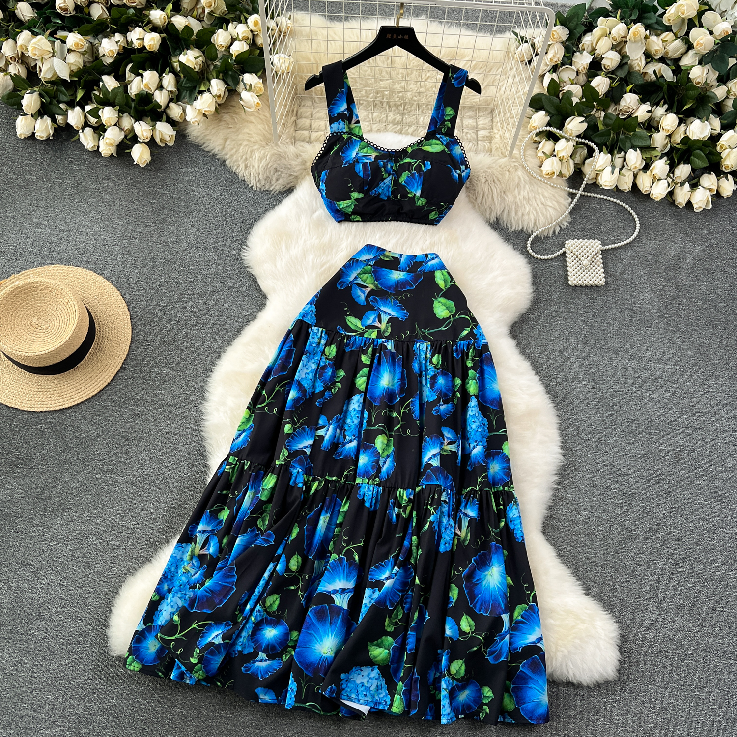 Dress Summer Bohemian Two Piece Set Women's Spaghetti Strap Padded V Neck Short Crop Top Wer Print Long Maxi Skirts Suits