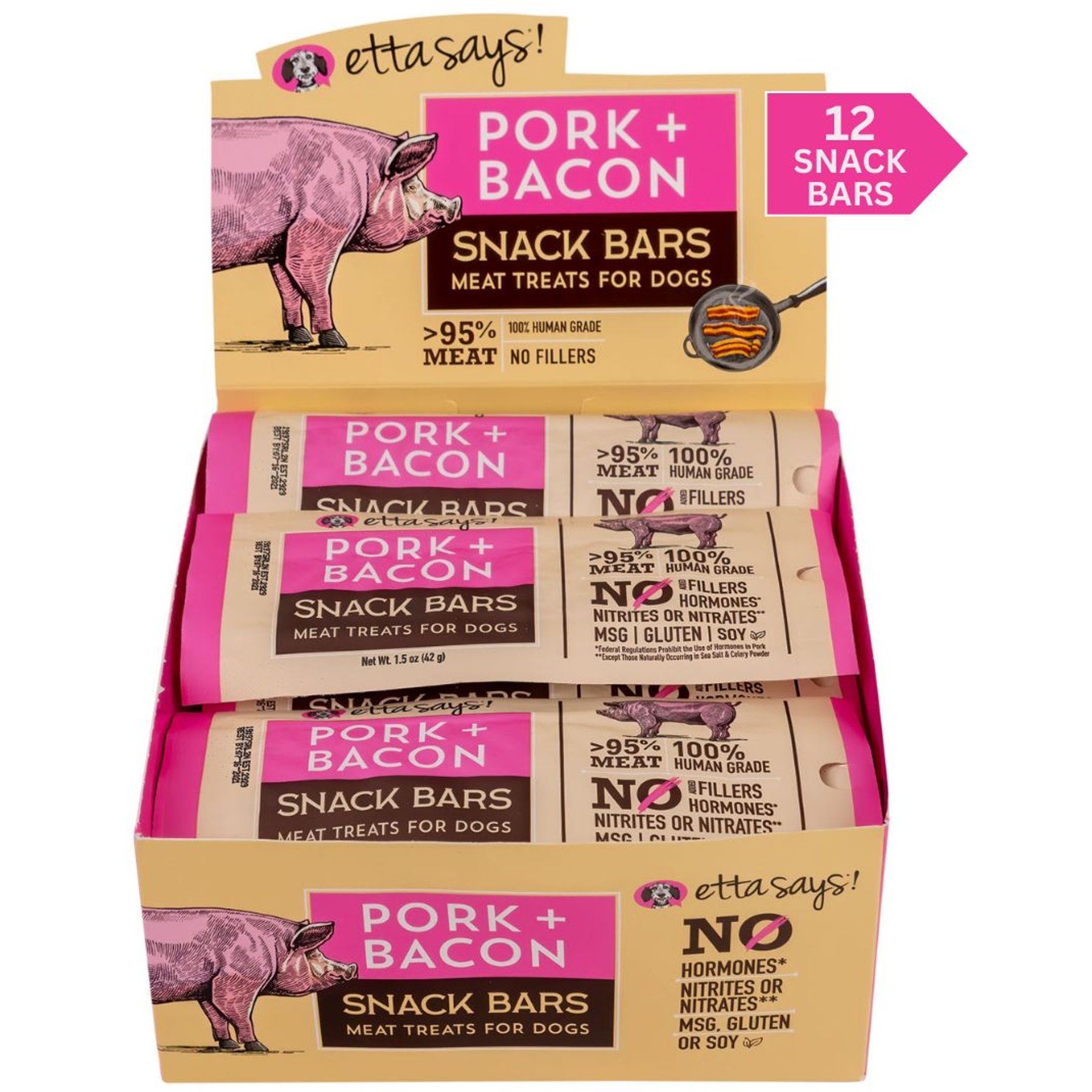 Etta Says! Pork + Bacon Snack Bars Human Grade Jerky Dog Treats, 12 count