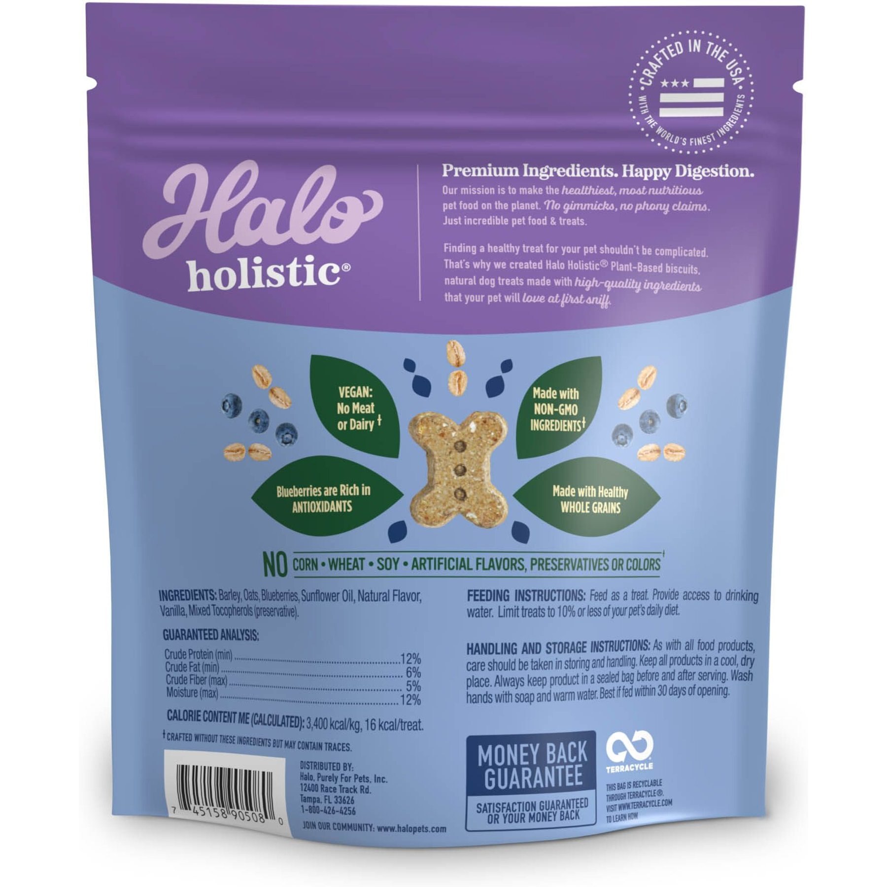 Halo Plant Based Dog Treats with Oats & Blueberries Vegan Dog Treats, 8-oz bag