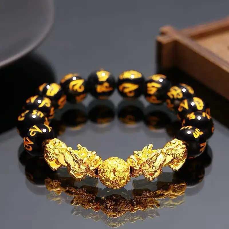 Chain Feng Shui Obsidian Stone Beads Bracelet Gold Color Black Pixiu Wealth Good Luck Wristband Men Women Unisex Lucky Jewelry Gifts Y240420