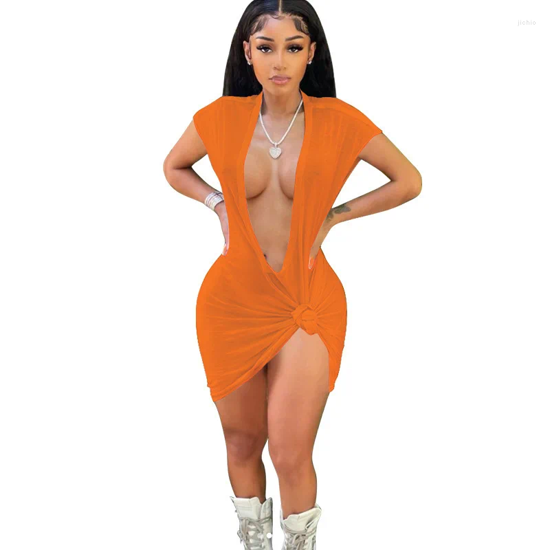 Womens Beach Tunic Pareo Clothes Bikini Cover Up Female Outfits Dress Short Sleeved Deep V Neck Sexy Summer 2024