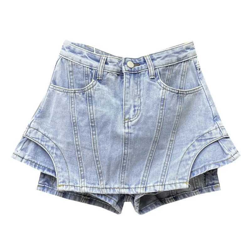 Skirts 2023 Autumn Y2K HOT Womens Shorts Fashion High Waist Spliced Solid Color Irregular A-line Wide Leg Denim Shorts Skirts Female Y240420