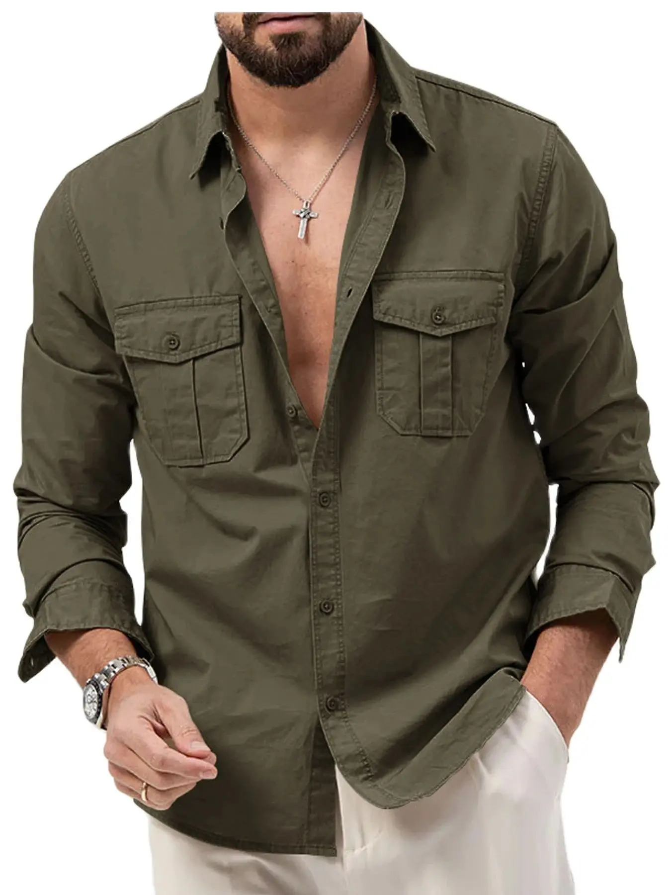 SpringSummer European and American Mens Shirts with Multiple Pockets Casual Slim Fit Long sleeved Workwear Top 240412