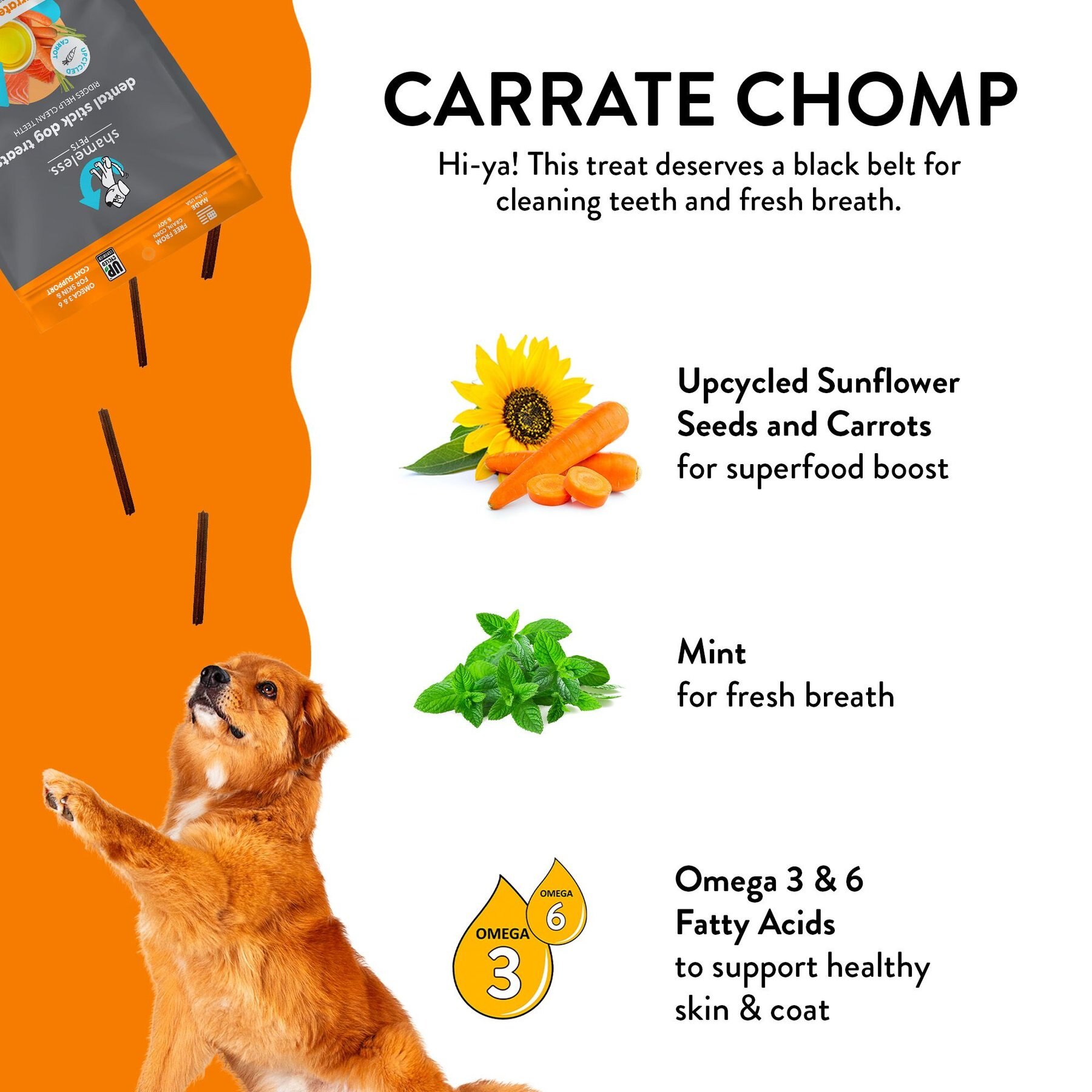 Shameless Pets Carrate Chomp Carrot & Salmon Oil Flavor Dental Dog Treats