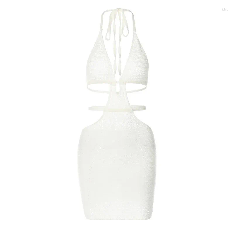 Summer Dress For Women 2024 Beach Coverup Ins Sexy Street Pure Want Neck Hollow Lace Up Female Solid Acrylic Robe Swim Cover