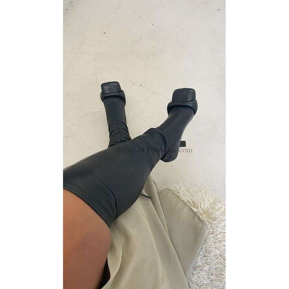 Square Toe Black Leather Knee Boots Women Sexy Winter New In High Heels Boot Designer 2024 Strange Style Shoes