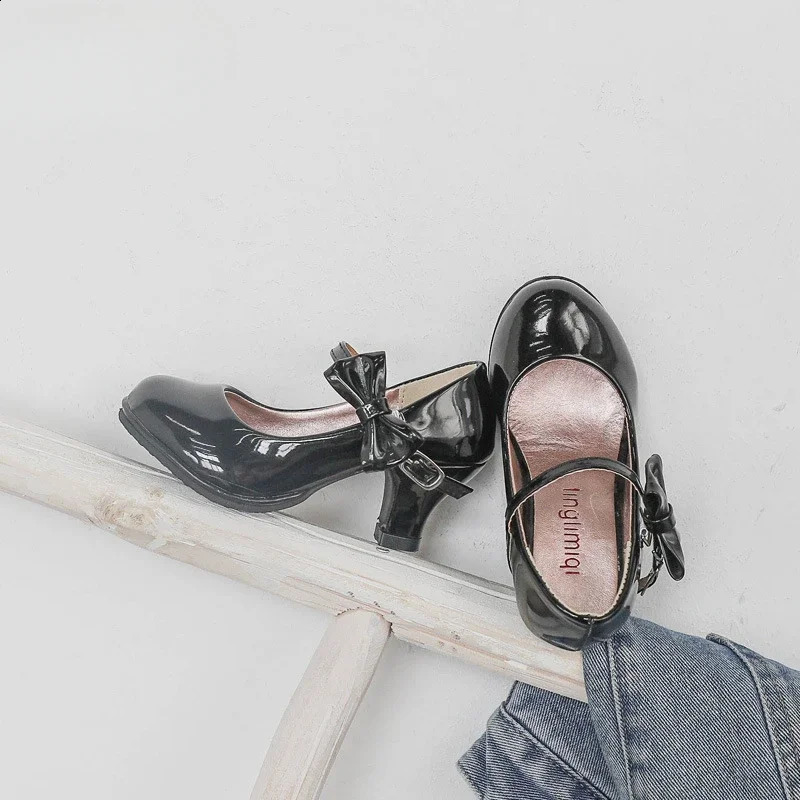 Fashion Girls High Heels Glossy Bowtie Kids Leather Shoe Spring Autumn Children Causal Princess Dress Shoes for Evening Party 250114