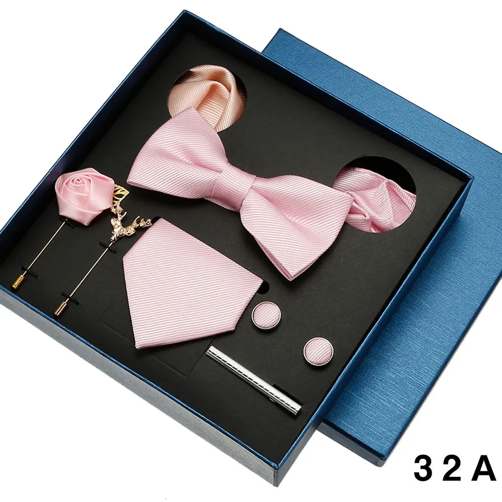 Bow Tie Mens Tie Gift Set Peach Pink Wedding Ties For Men Necktie Bowtie Silk Set Brooches Cufflinks Tie Clip Suits For Husband 240412