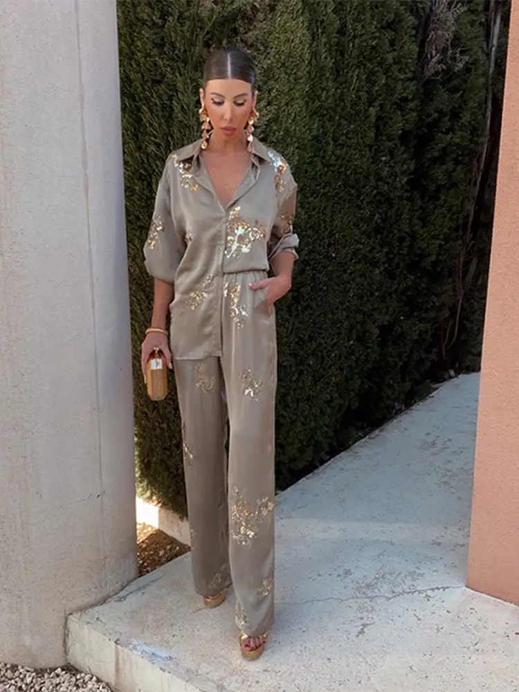 Fashion Casual Sequinned Shirt Suit For Women Chic Lapel Long Sleeves Top Elastic Waist Long Pants Set Spring Lady Elegant Suits 240420