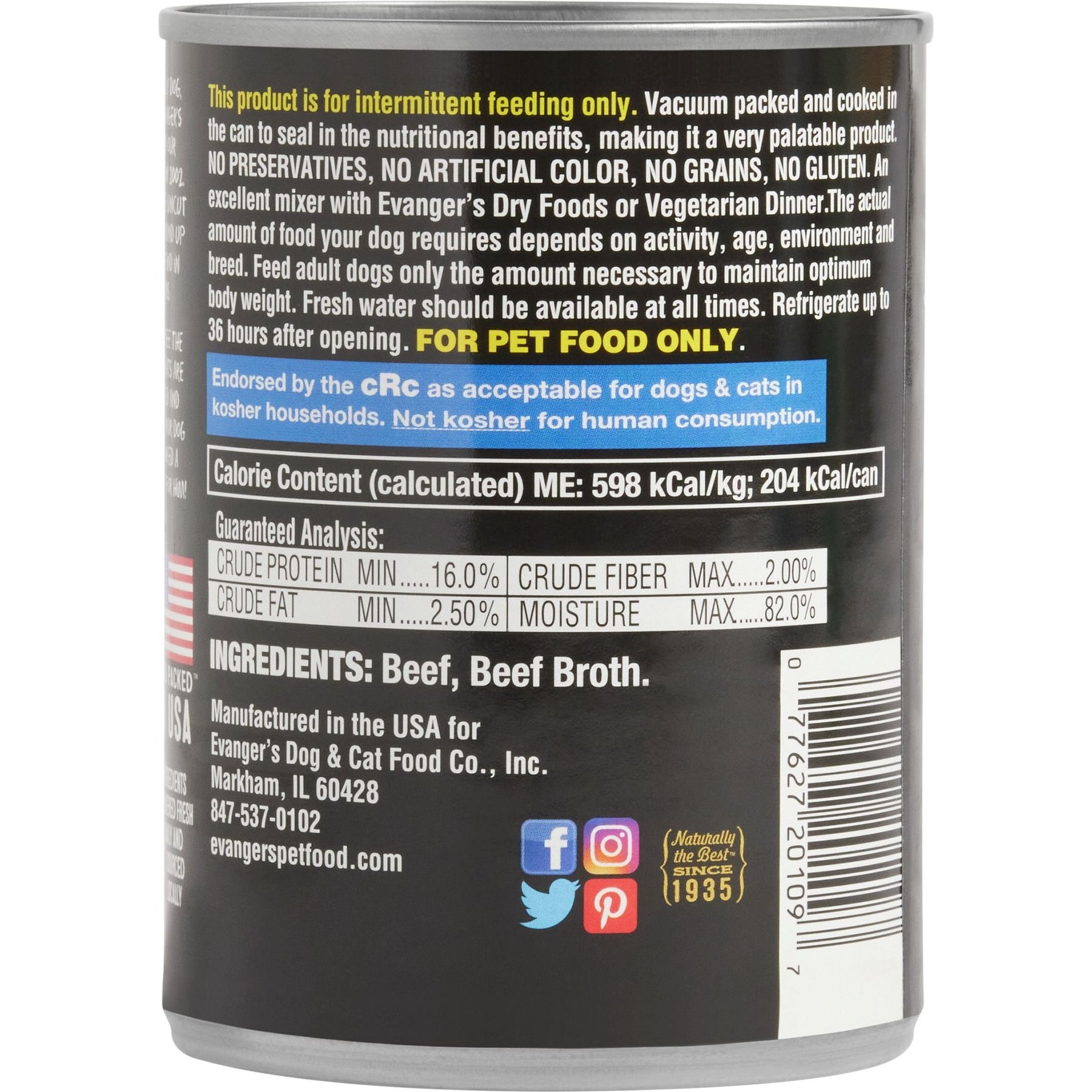 Evanger's Grain-Free Hand Packed Hunk of Beef Canned Dog Food