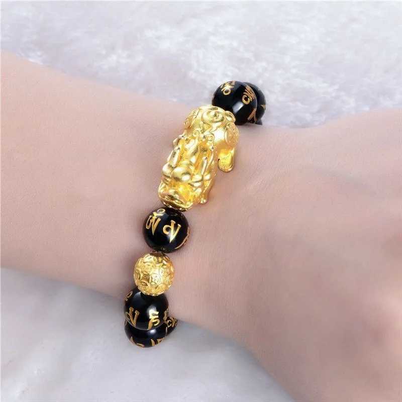 Chain Feng Shui Obsidian Stone Beads Bracelet Gold Color Black Pixiu Wealth Good Luck Wristband Men Women Unisex Lucky Jewelry Gifts Y240420