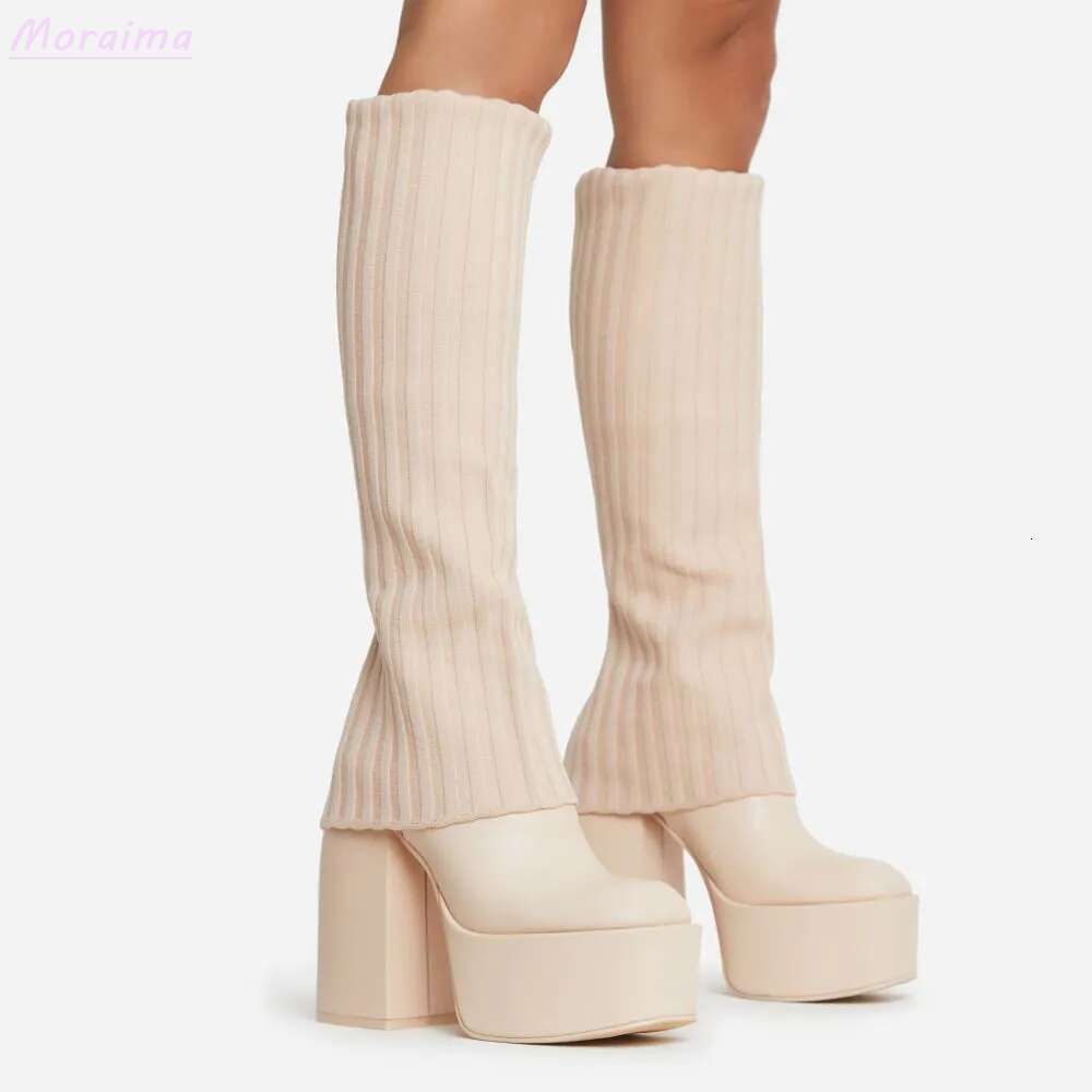 Knee-High Leather Platform Boots Layered Knit Pointed Toe hot White Shoes