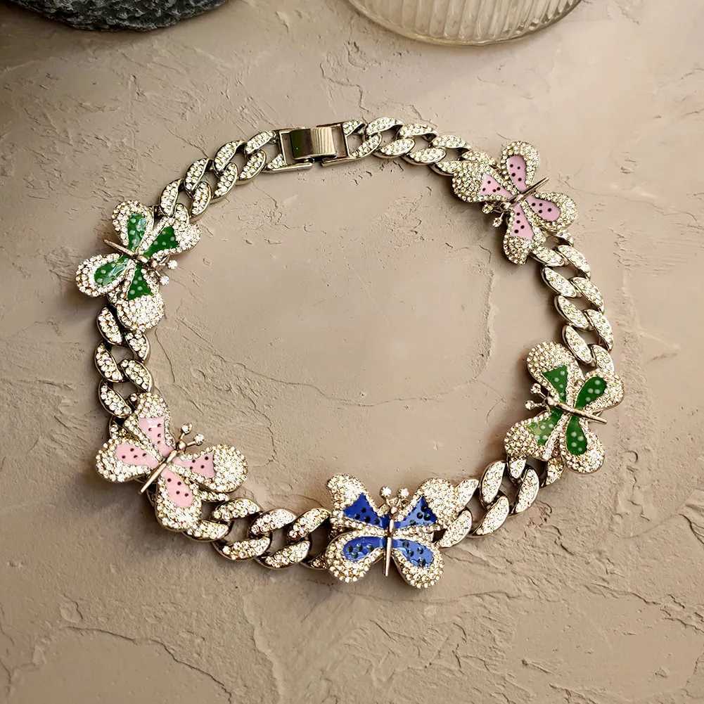 Pendant Necklaces Iced Out Full Rhinestone Enamel Butterfly Miami Cuban Link Necklace For Women Hiphop Bling Chunky Thick Cuban Choker Punk Jewely Y24