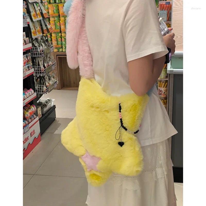Drawstring Y2k Furry Star Crossbody Bags For Girls Retro Faux Fur Women's Shoulder Bag Contrast Color Plush Female Large Handbags Purses zhanyish