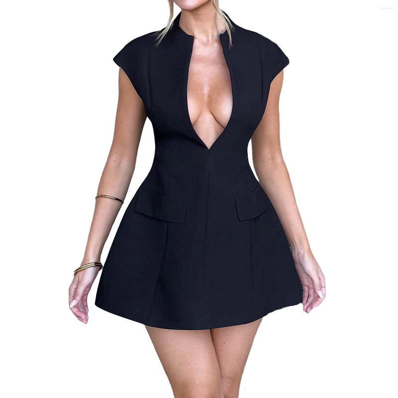 Casual Dresses Women's Mini Dress Low Cut Cap Sleeve Smocked Waist Back Zip Up Solid Color A-Line For Party Club