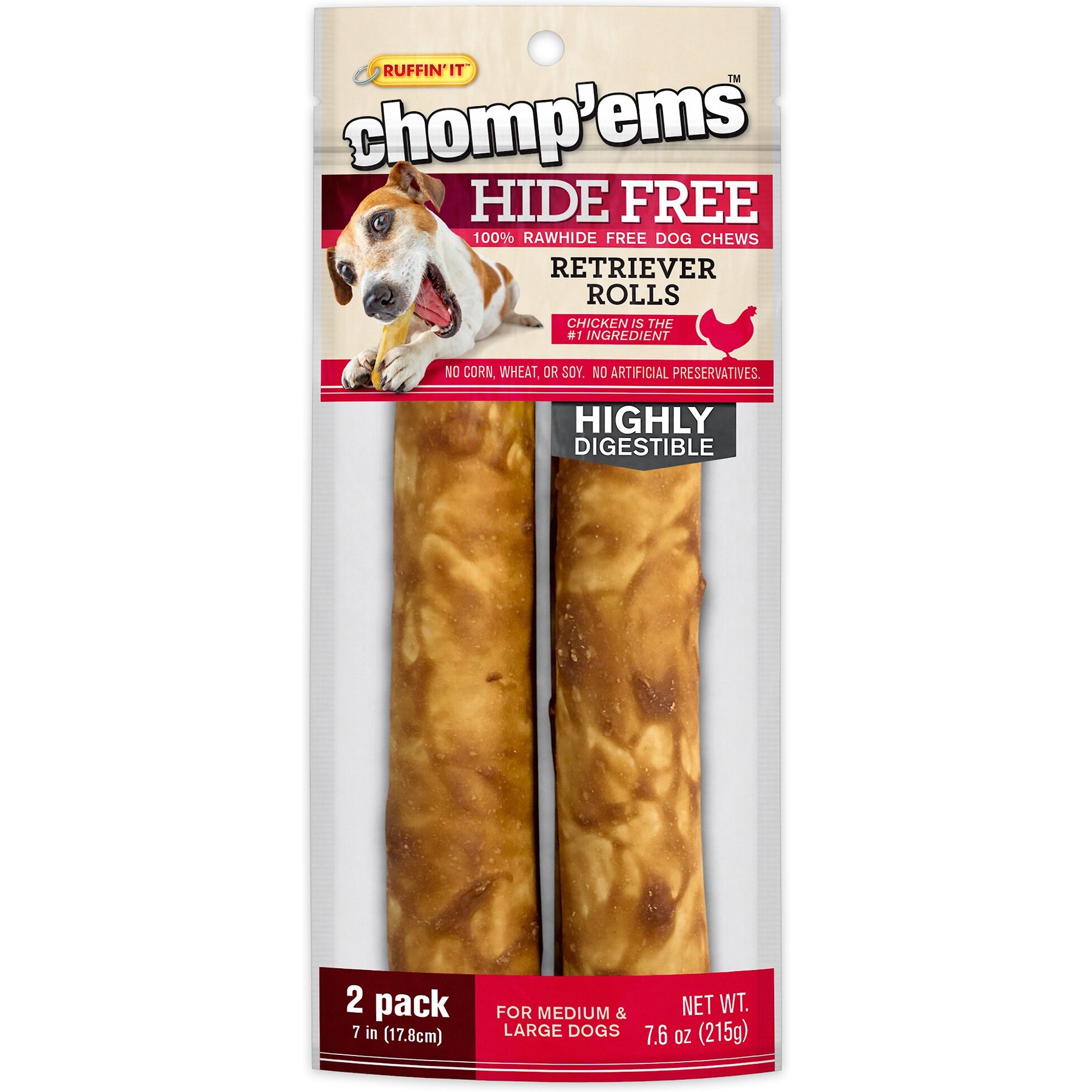 Chomp'ems 7"Hide-Free Chicken Rolls Dog Treats, 2 count