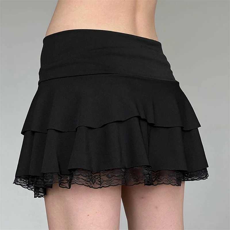 Skirts Xingqing Skirt Coquette Lace y2k Clothes Women Solid Color Lace Patchwork A-Line Mini Skirt 2000s Aesthetic Clothing Strtwear Y240420